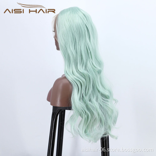 Ombre Swiss Lace Synthetic Hair Wholesale Cheap Vendor Cosplay Long Curly Body Wave Green For Black Women Lace Front Wig